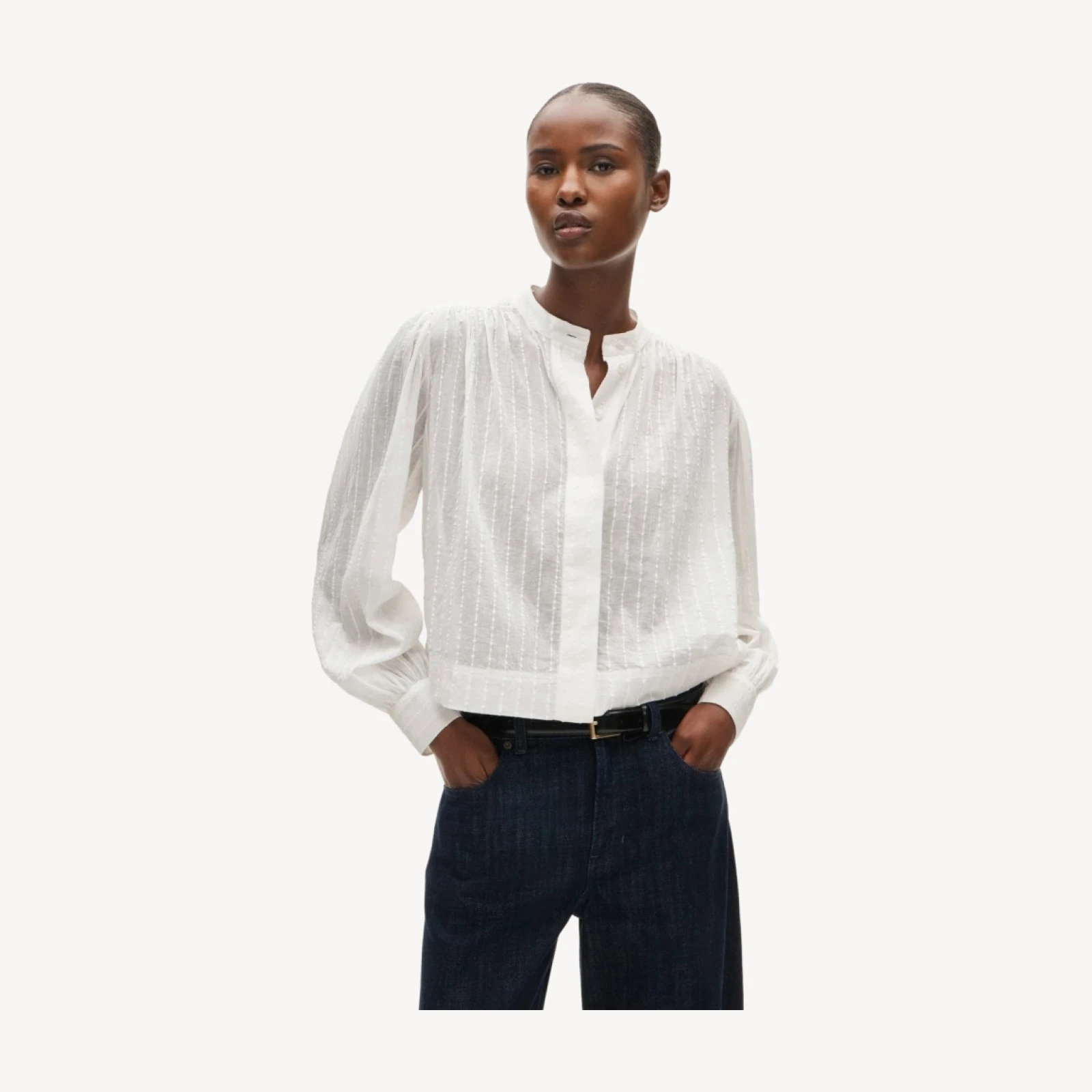 Button-front blouse in striped textured cotton