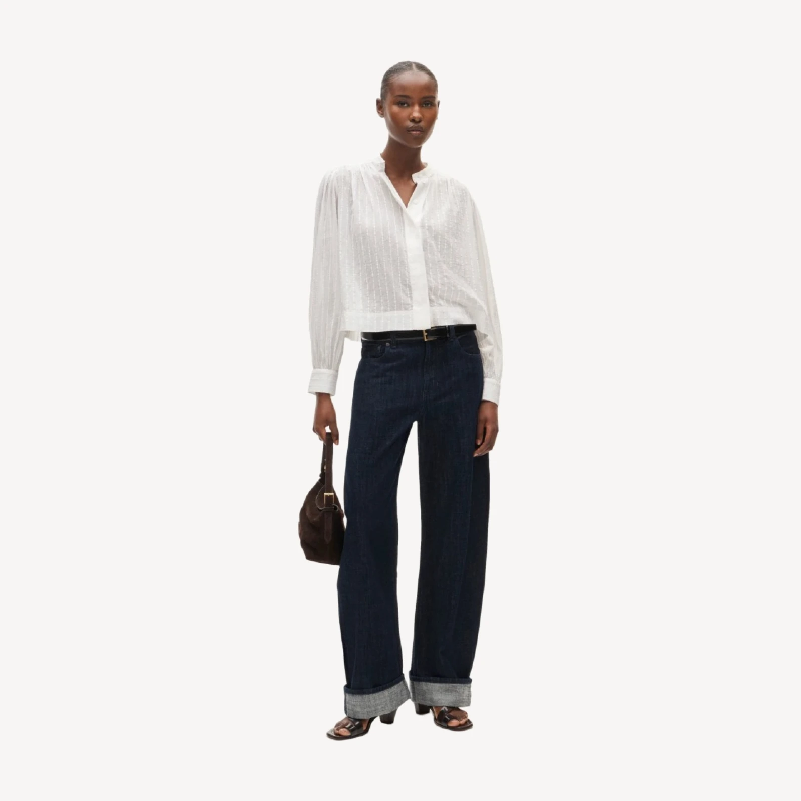 Button-front blouse in striped textured cotton