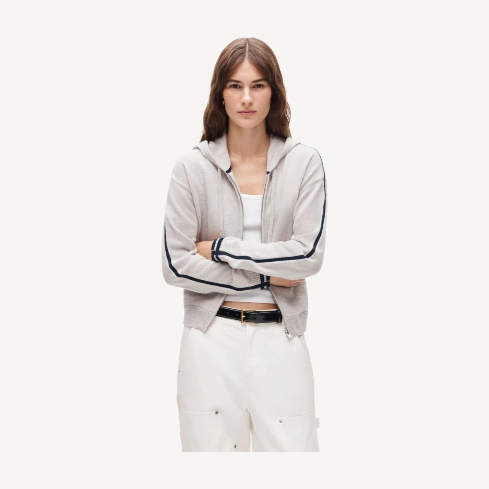 Cashmere full-zip hoodie with tipping