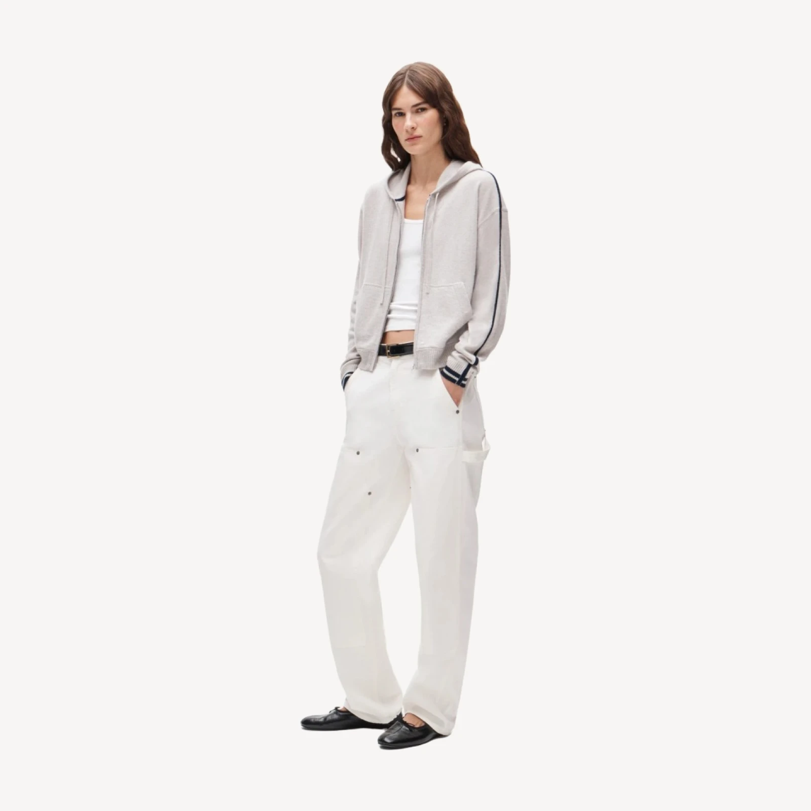 Cashmere full-zip hoodie with tipping