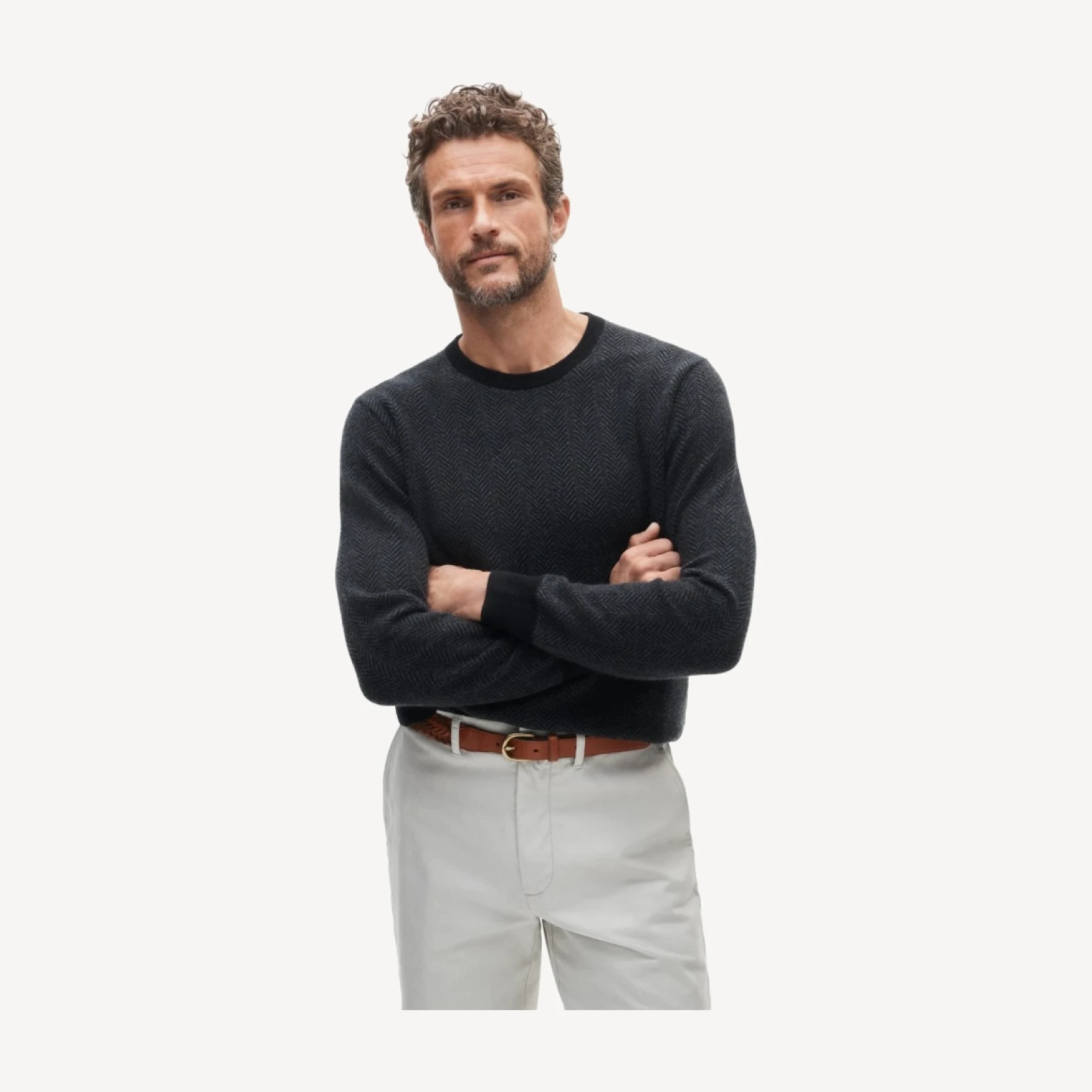 Cashmere crewneck sweater in herringbone
