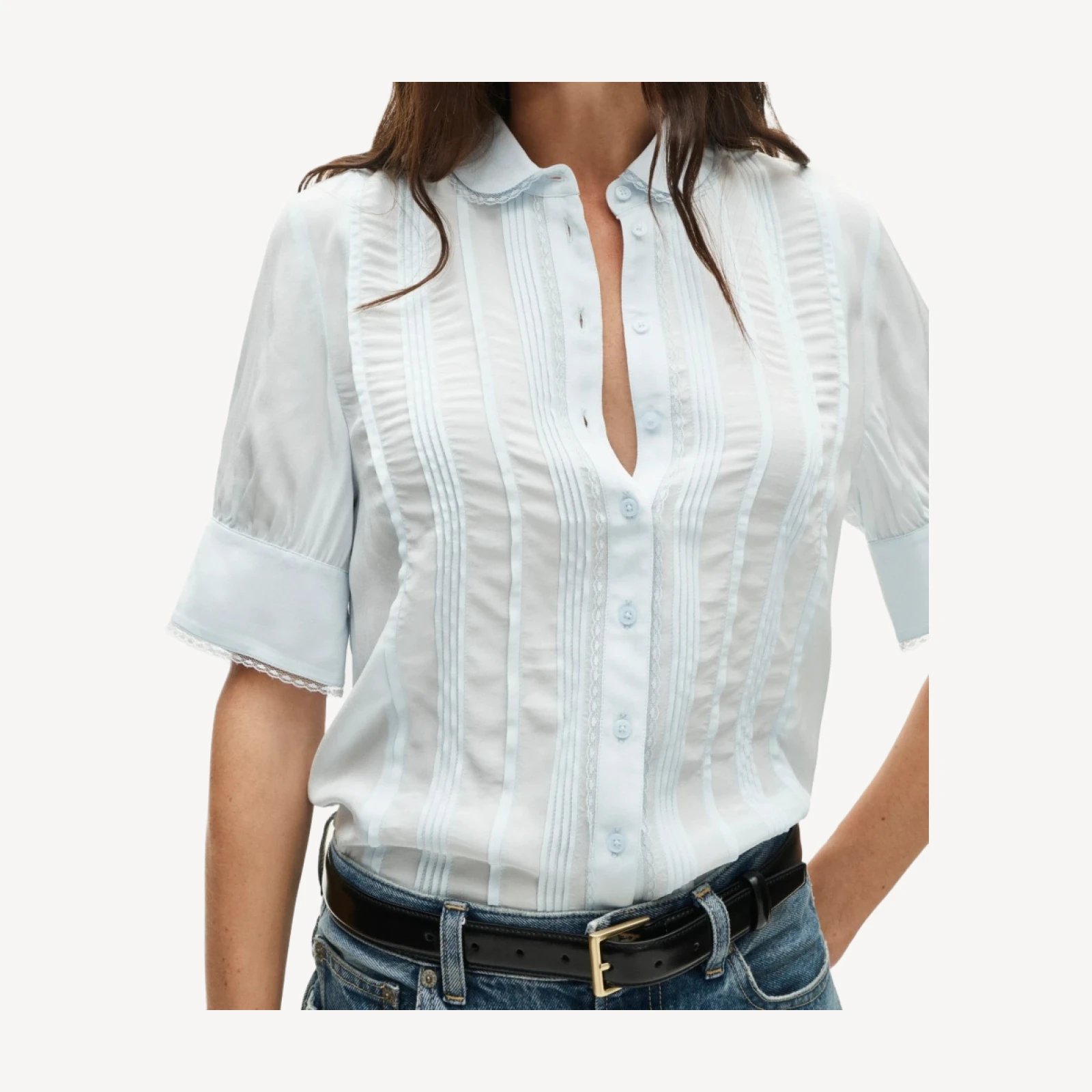 Lace-trim button-up top in crepe de chine