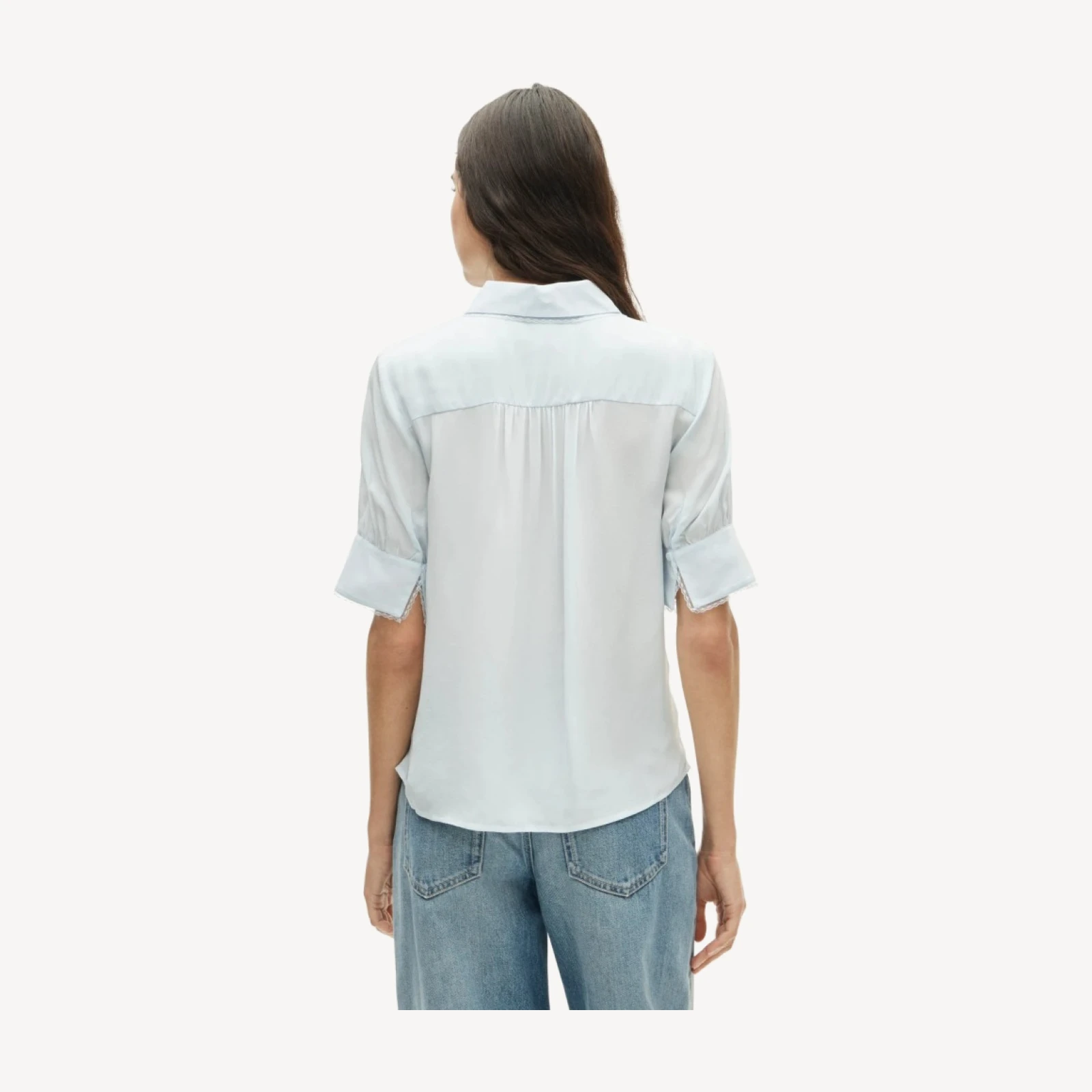 Lace-trim button-up top in crepe de chine