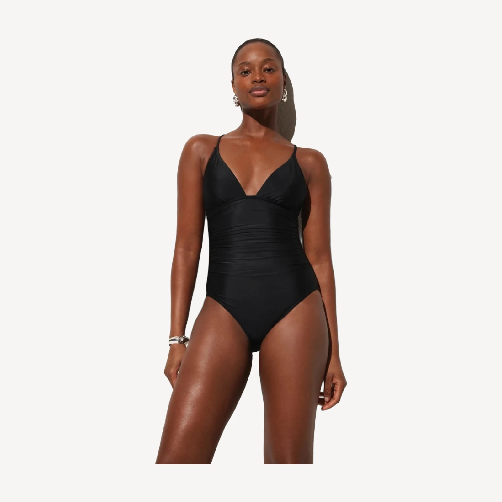Long-torso ruched plunge one-piece