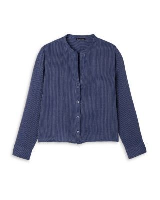 Eileen Fisher Striped Cotton Gauze Mandarin Collar Shirt