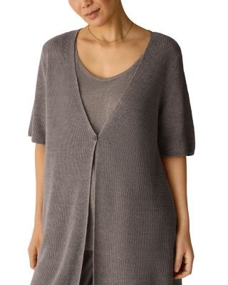 Eileen Fisher Delave V Neck Elbow Sleeve Linen Cardigan Sweater