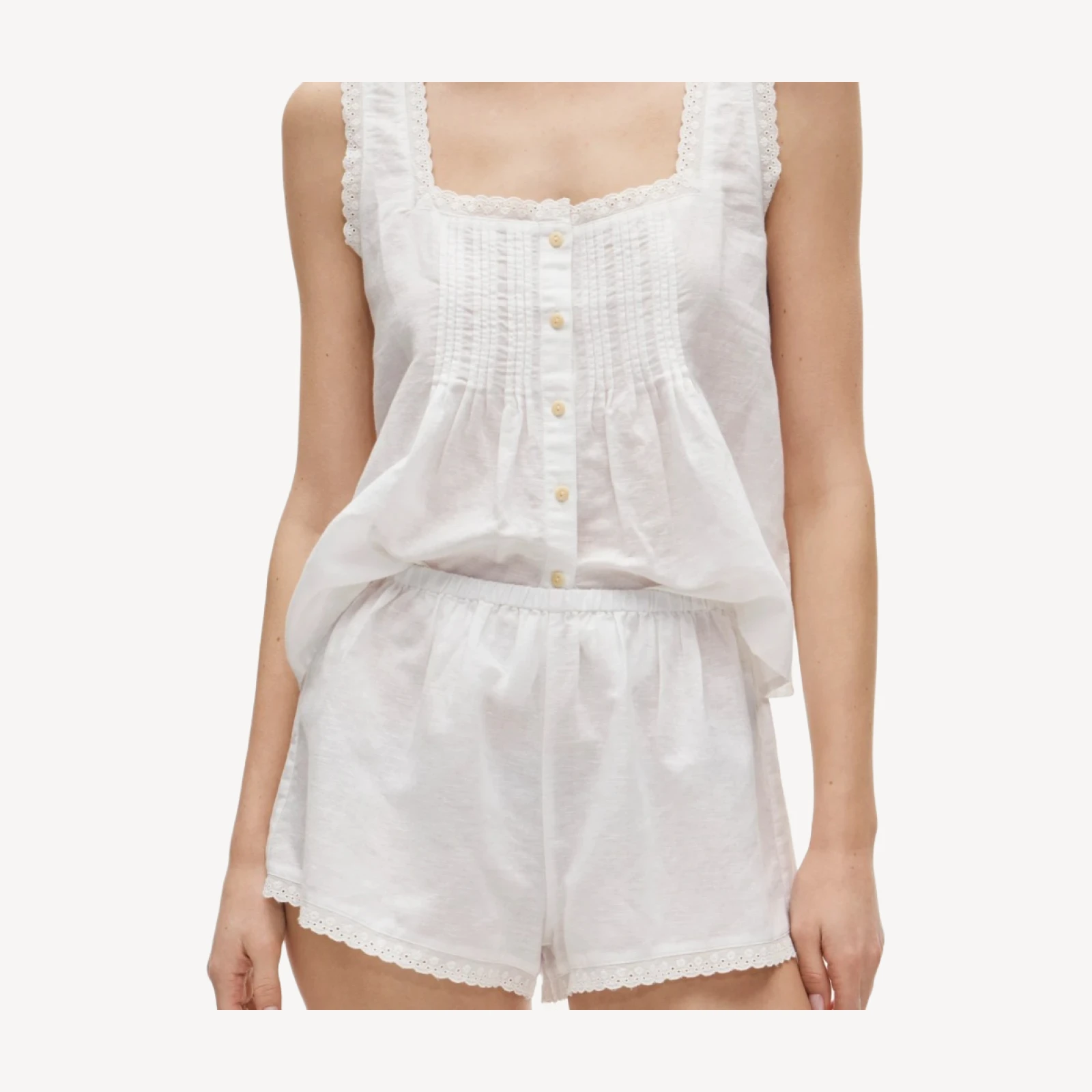 Lace-trim camisole and pajama short set in linen-cotton blend
