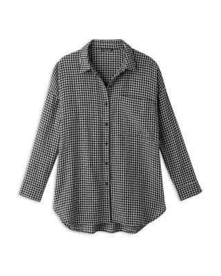Eileen Fisher Wool Cotton Check Classic Collar Long Shirt