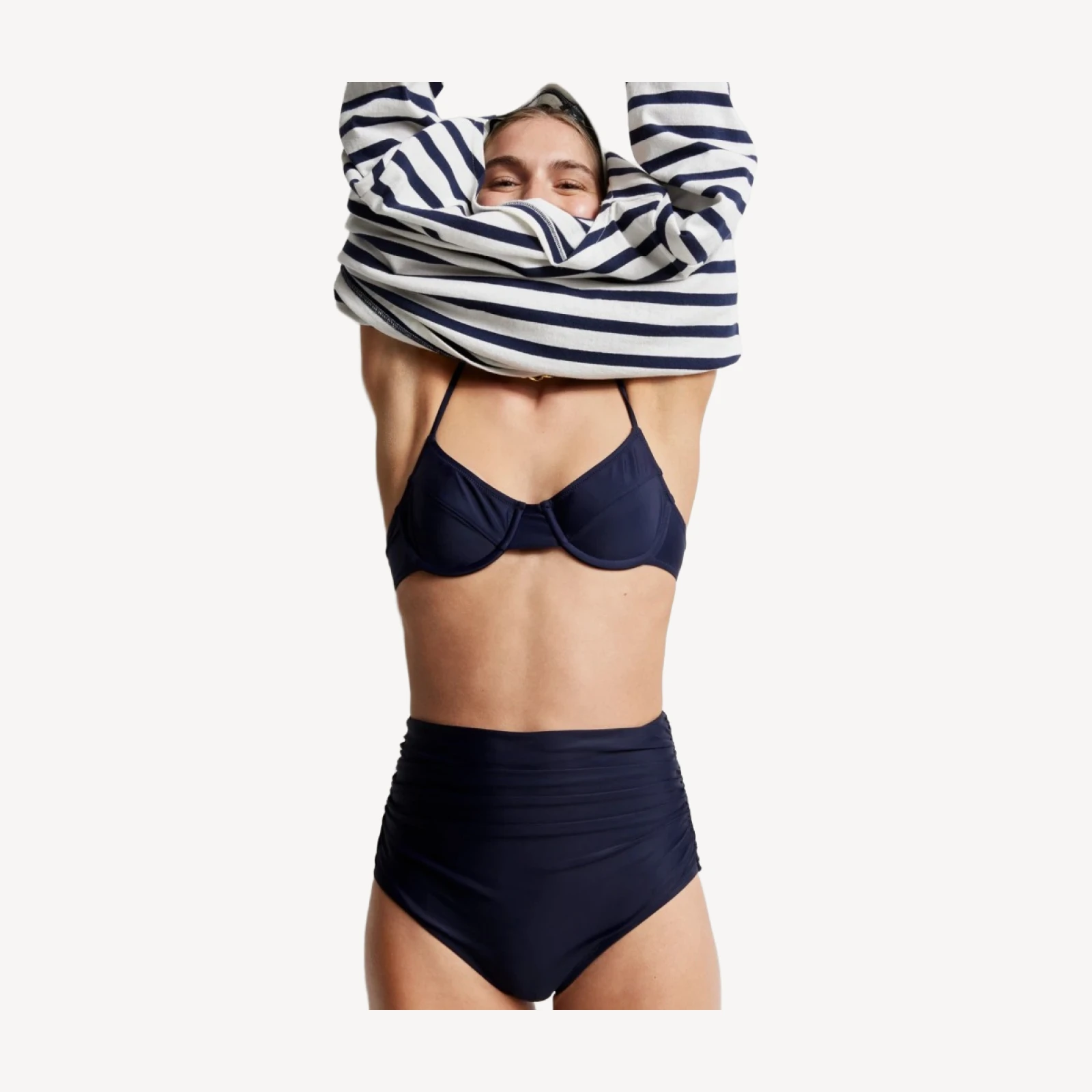 Ruched high-rise full-coverage bikini bottom