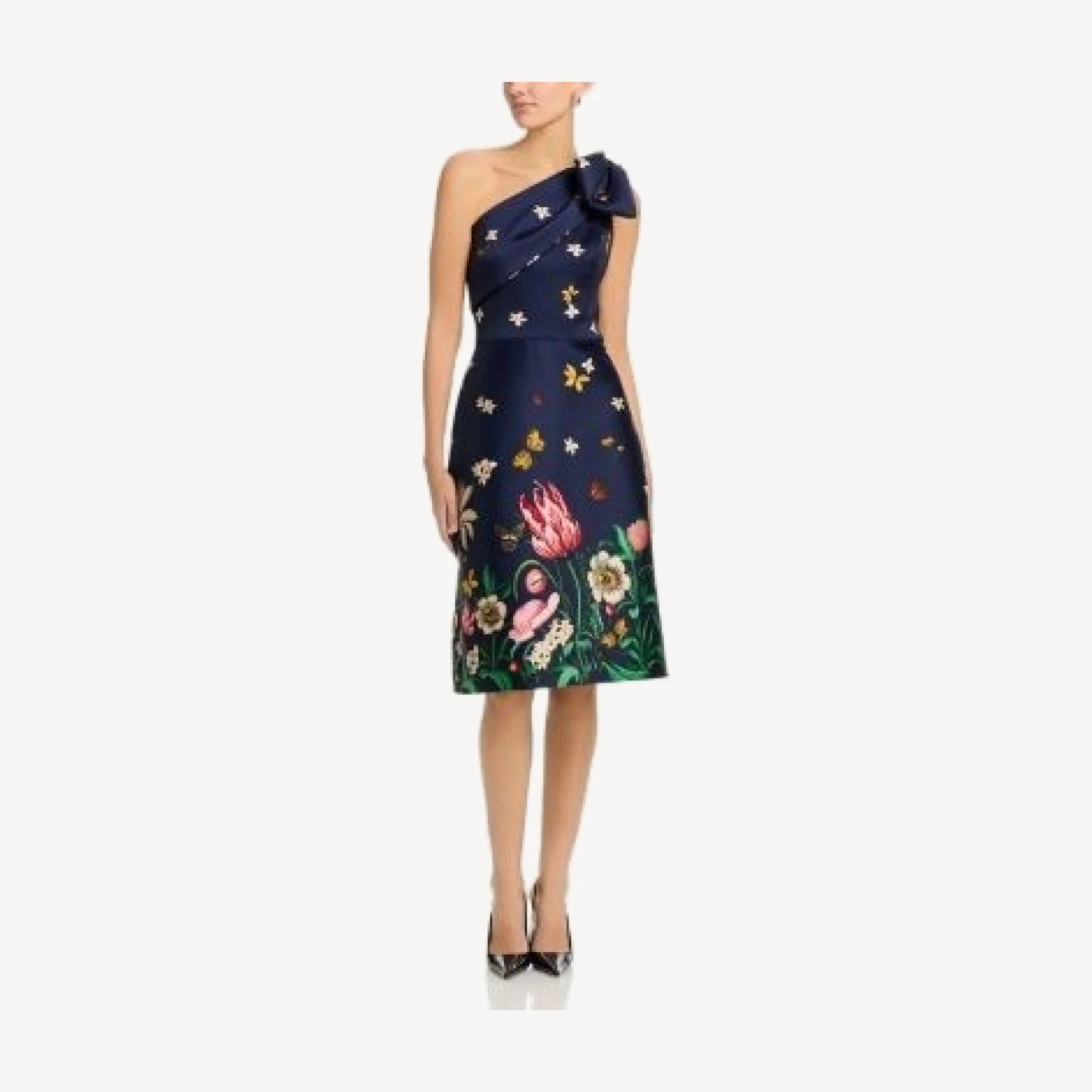 Teri Jon by Rickie Freeman Mikado Floral Butterfly One Shoulder Dress