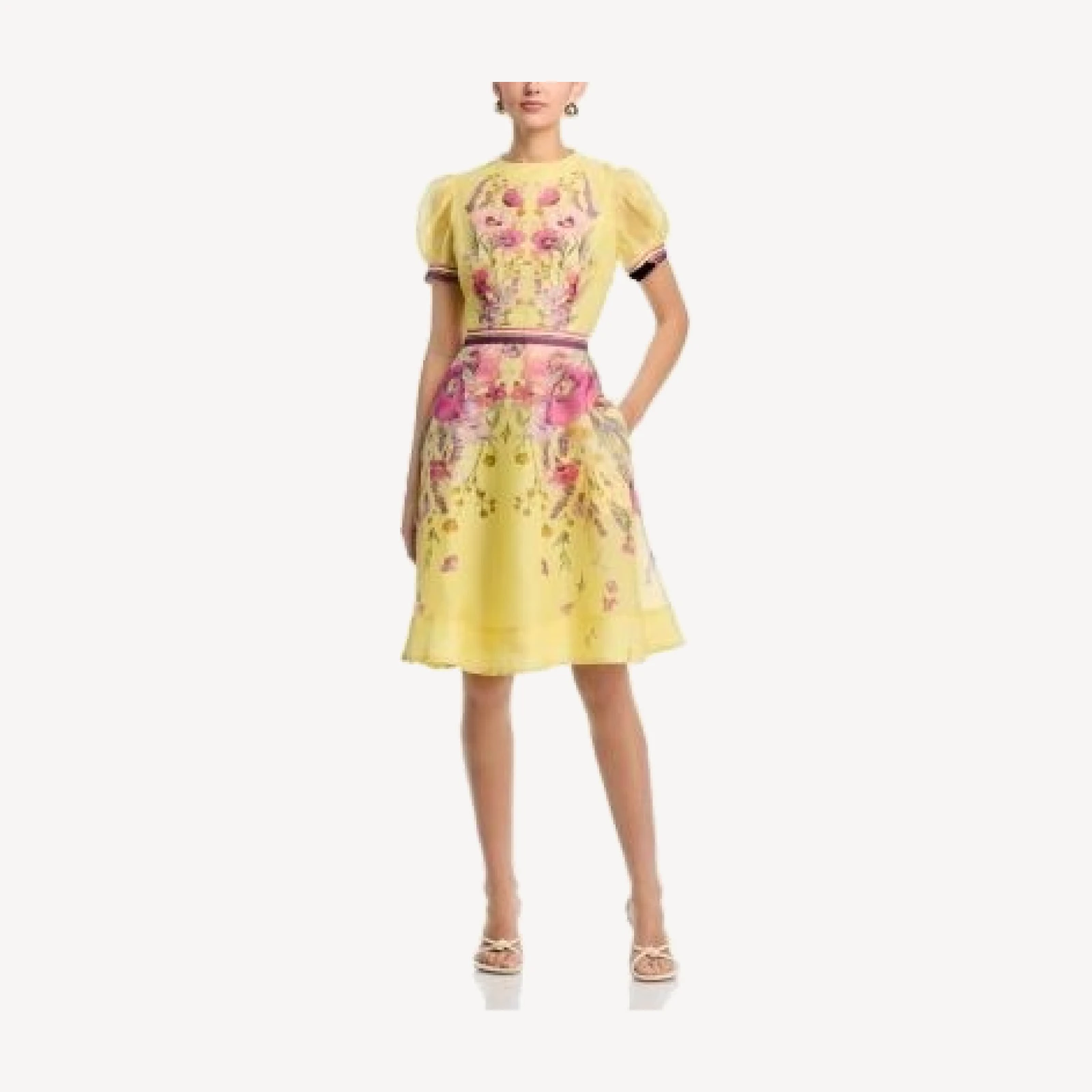 Teri Jon by Rickie Freeman Silken Linen Short Sleeve Placed Floral Print Dress
