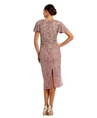 Mac Duggal Embellished Faux Wrap Flutter Sleeve Dress