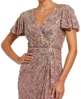 Mac Duggal Embellished Faux Wrap Flutter Sleeve Dress