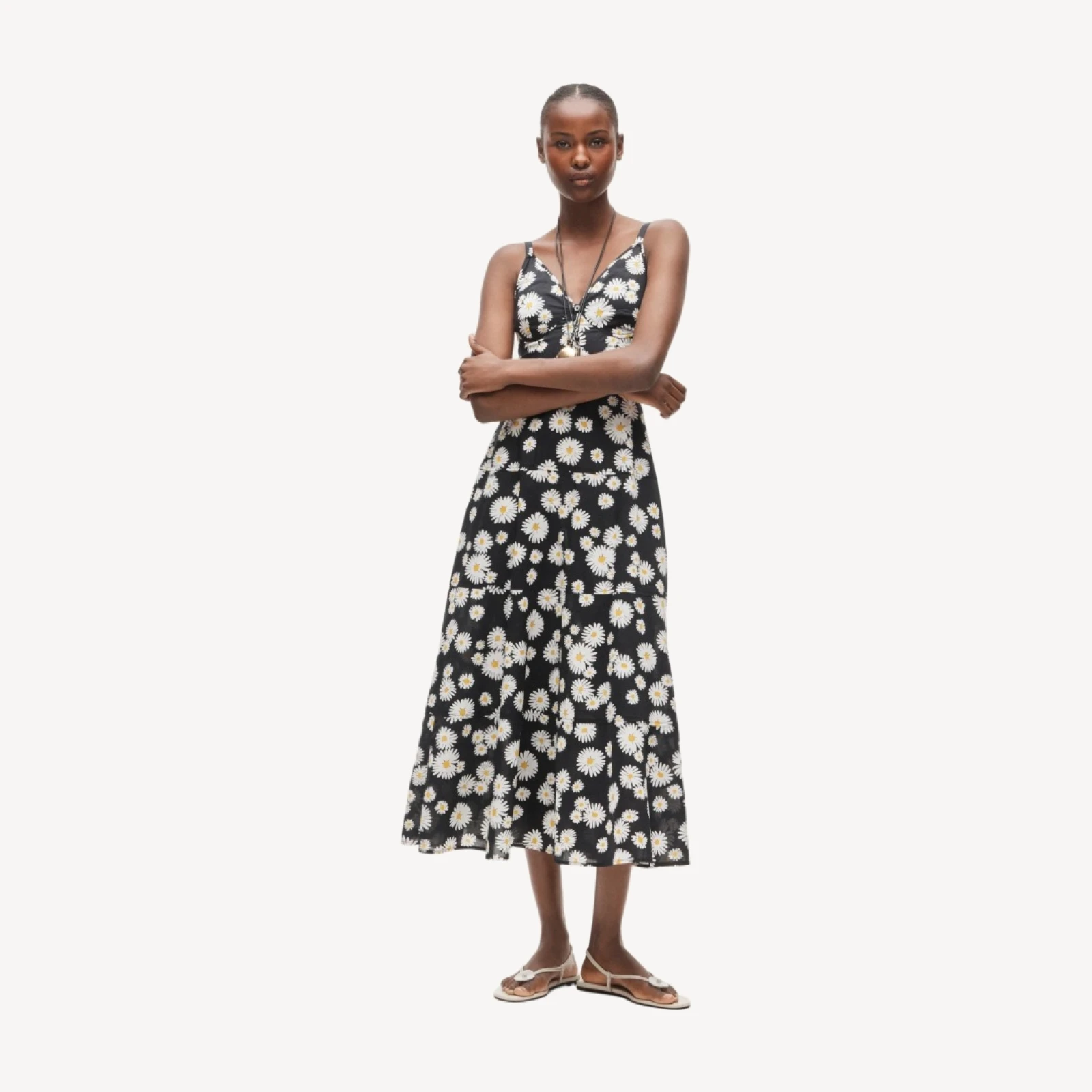 Tiered cotton poplin dress in vintage daisy print