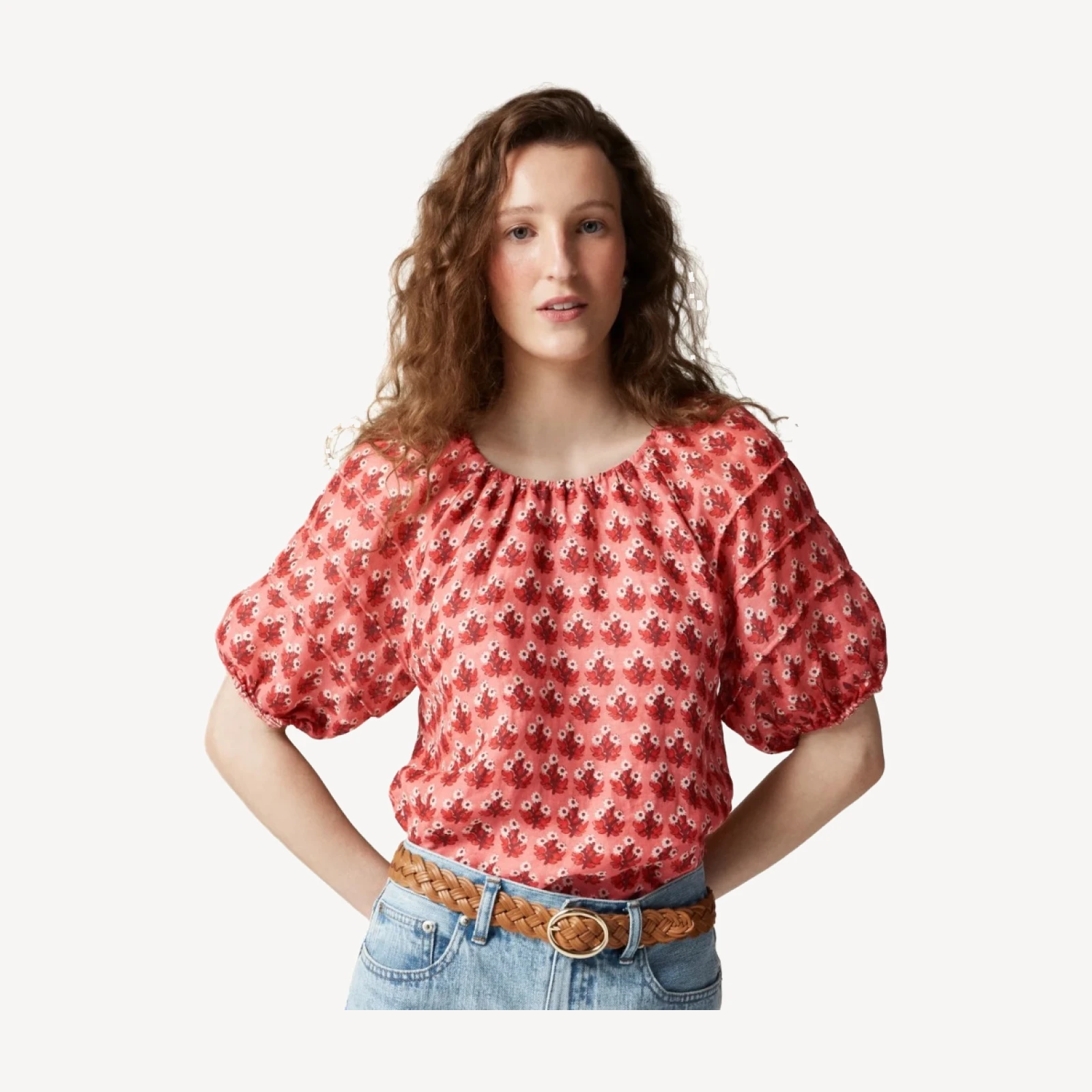 Puff-sleeve top in block-print ramie