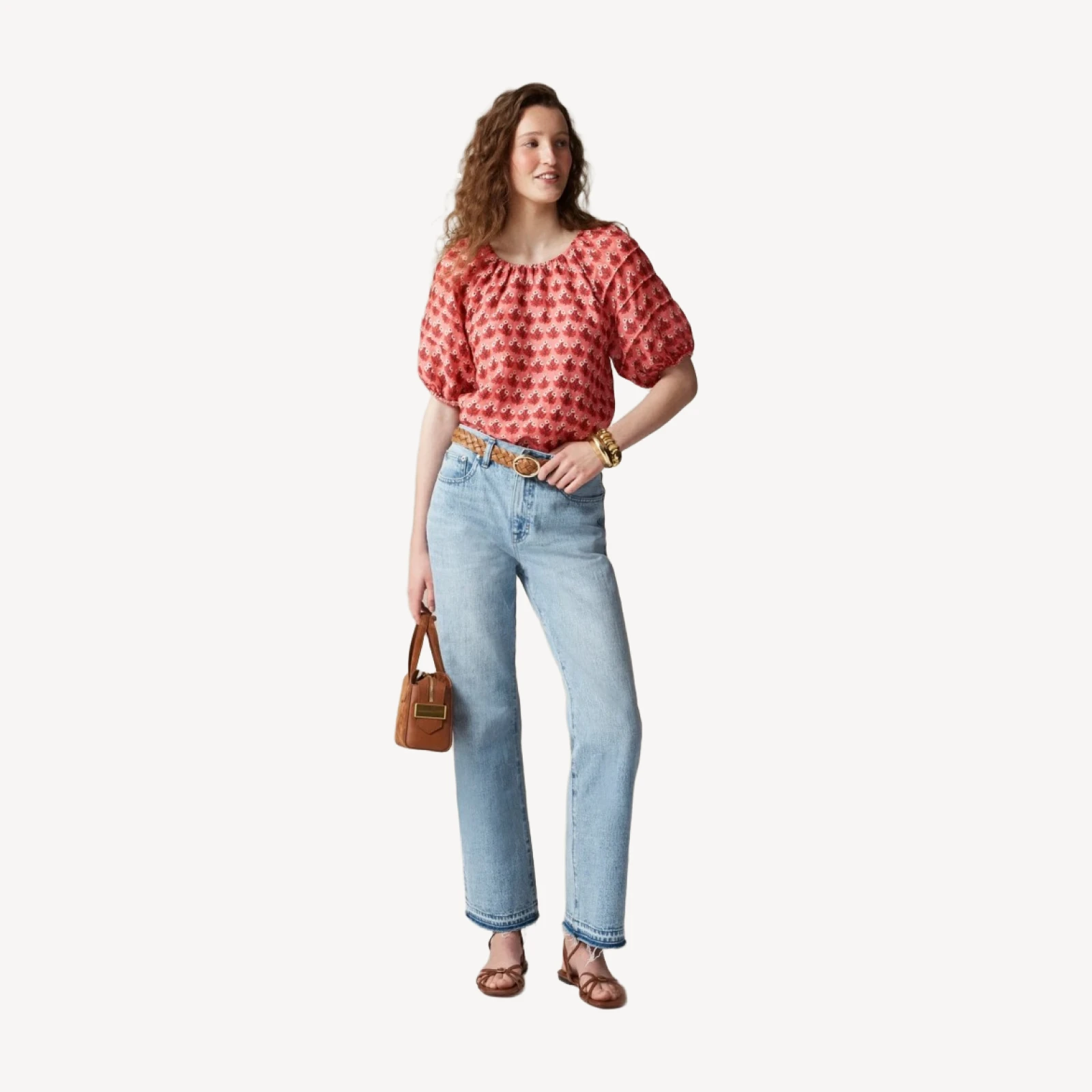 Puff-sleeve top in block-print ramie