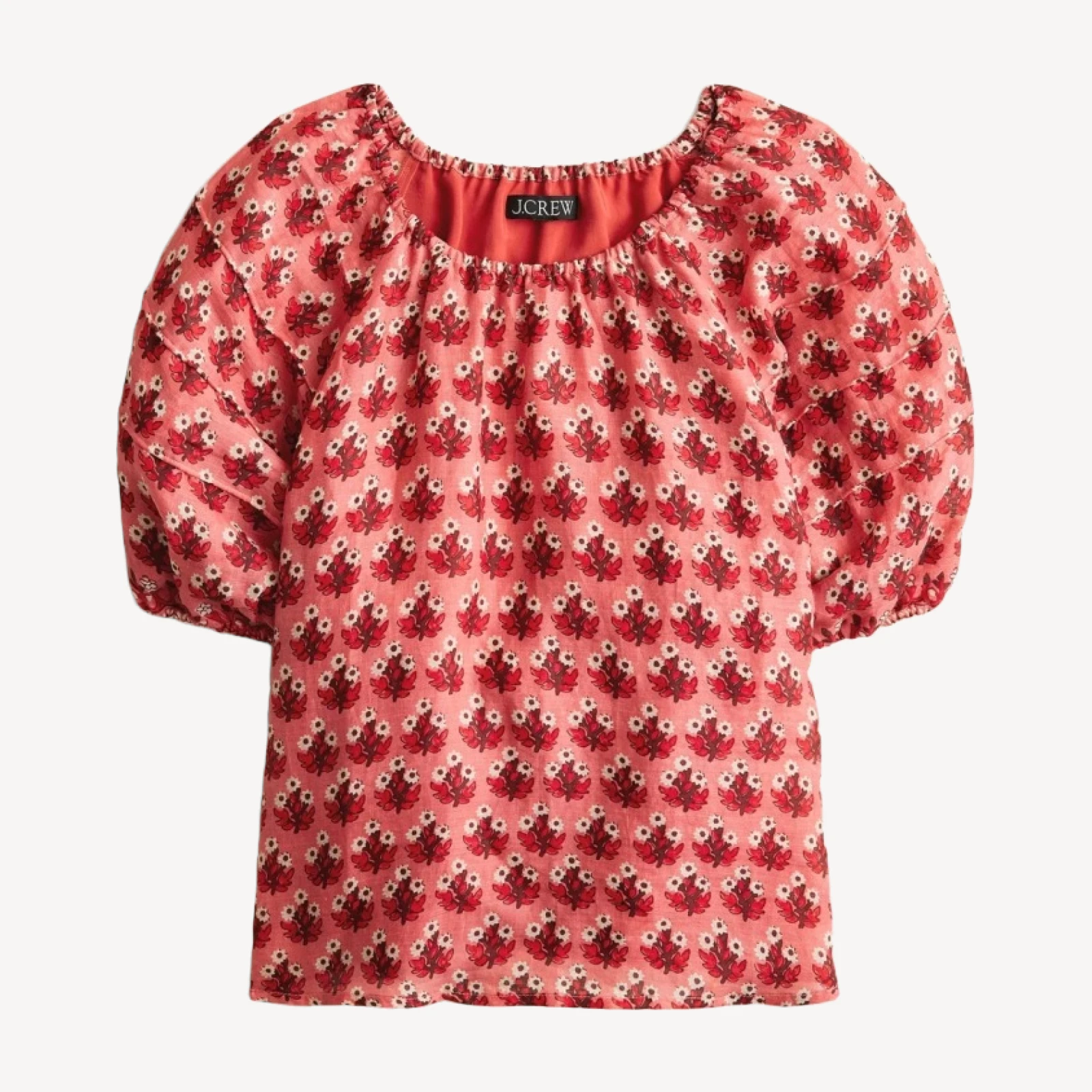 Puff-sleeve top in block-print ramie