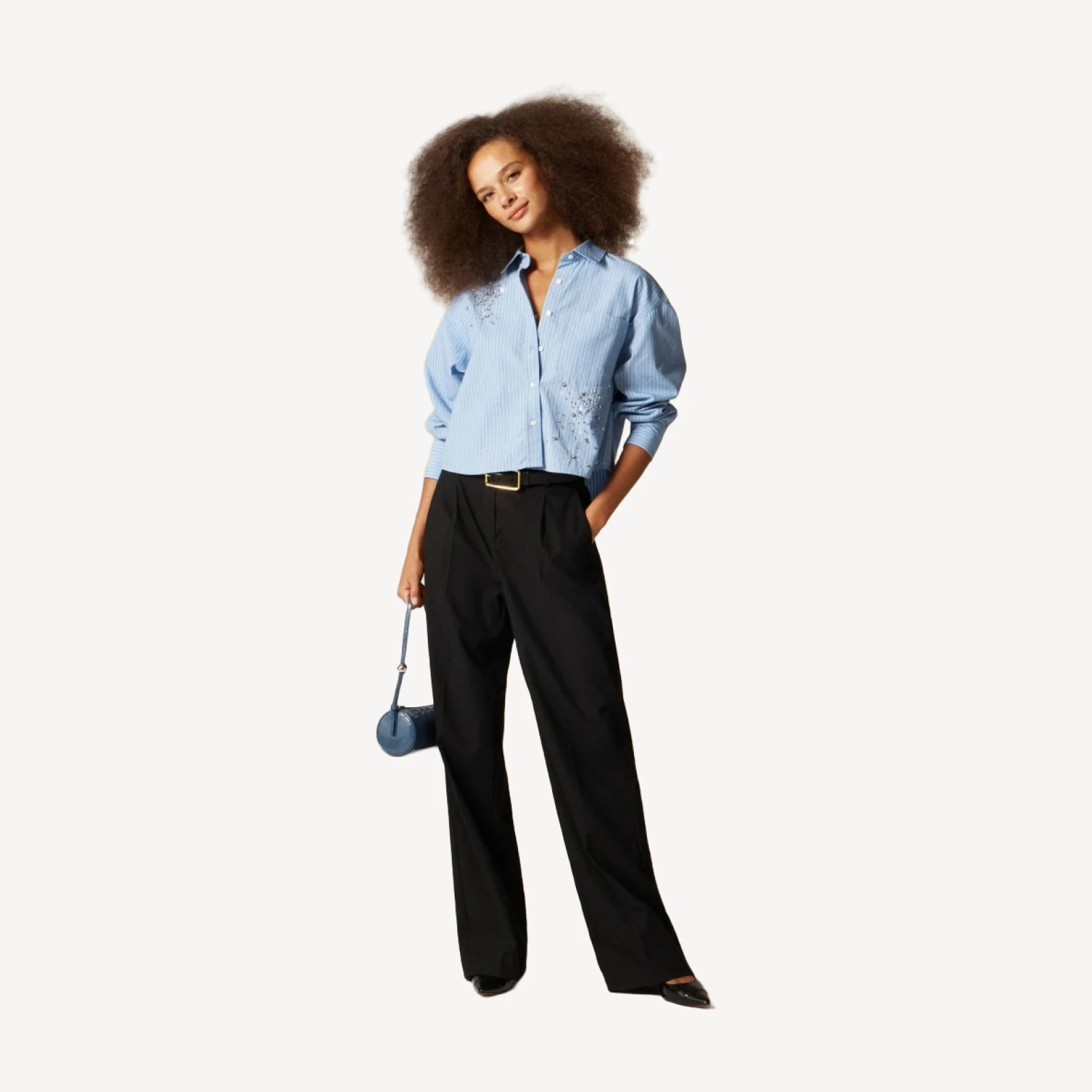 Étienne cropped button-up shirt with embellishments in stripe