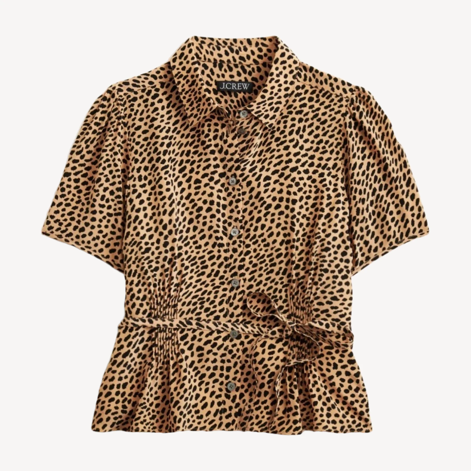 Button-up tie-waist shirt in leopard print