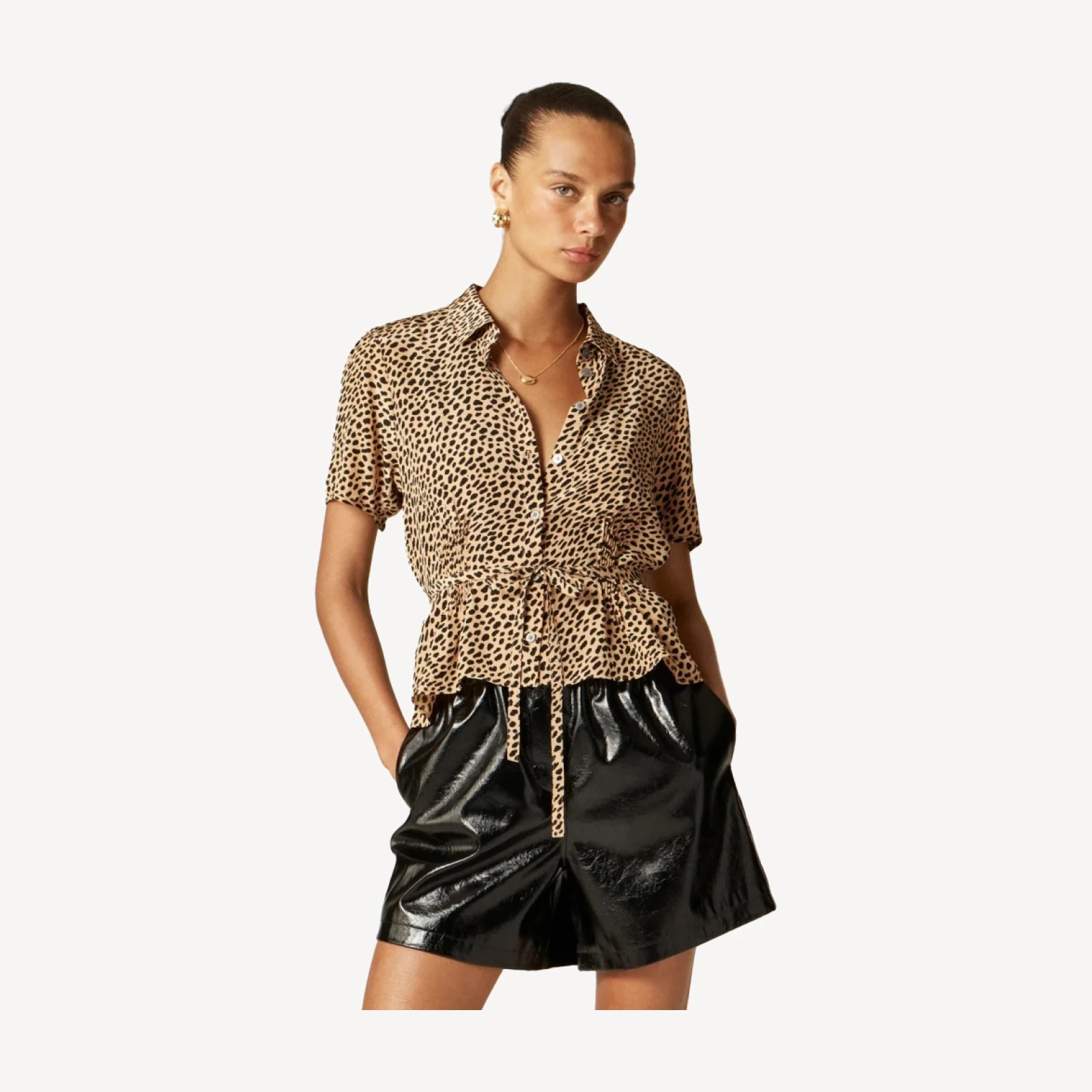 Button-up tie-waist shirt in leopard print