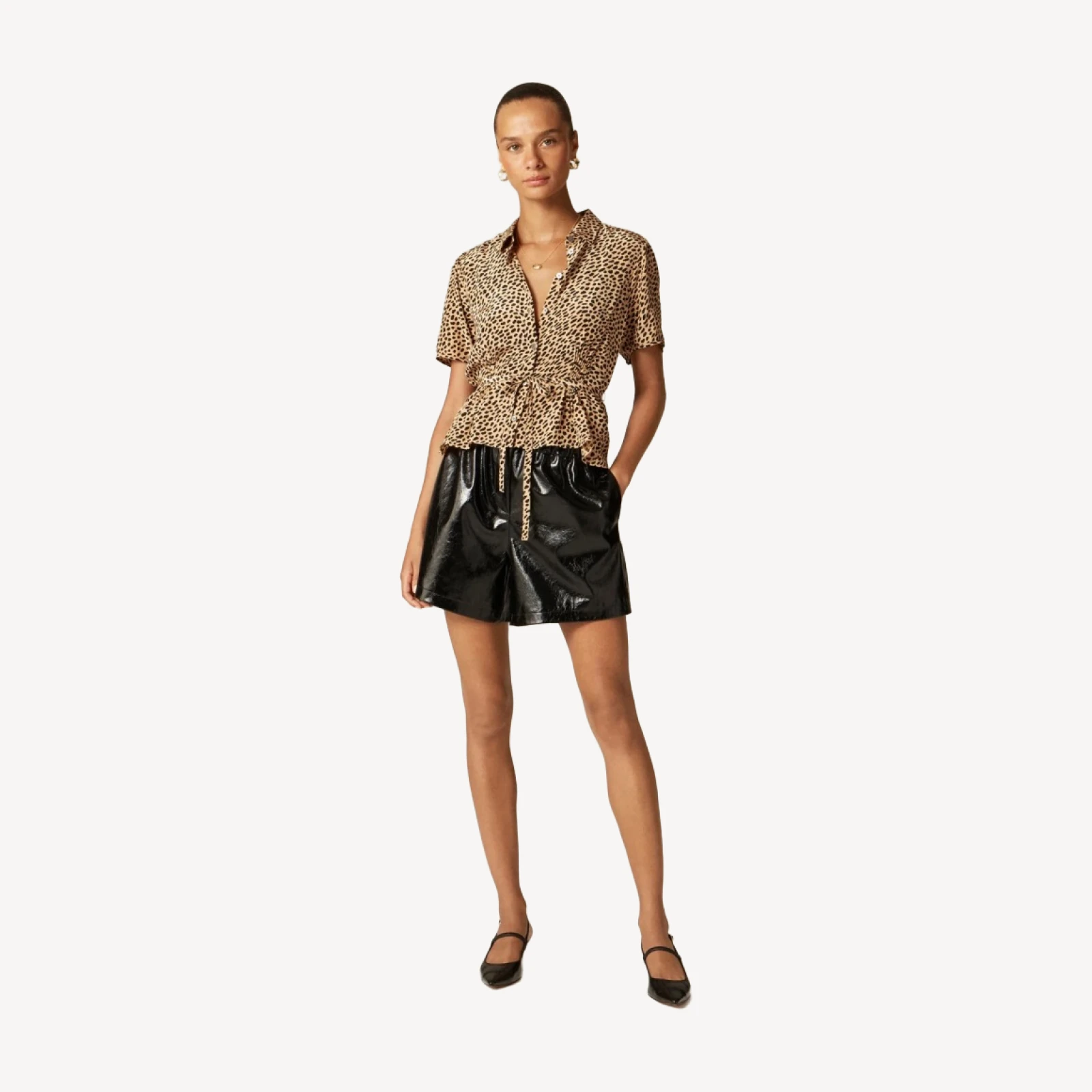 Button-up tie-waist shirt in leopard print