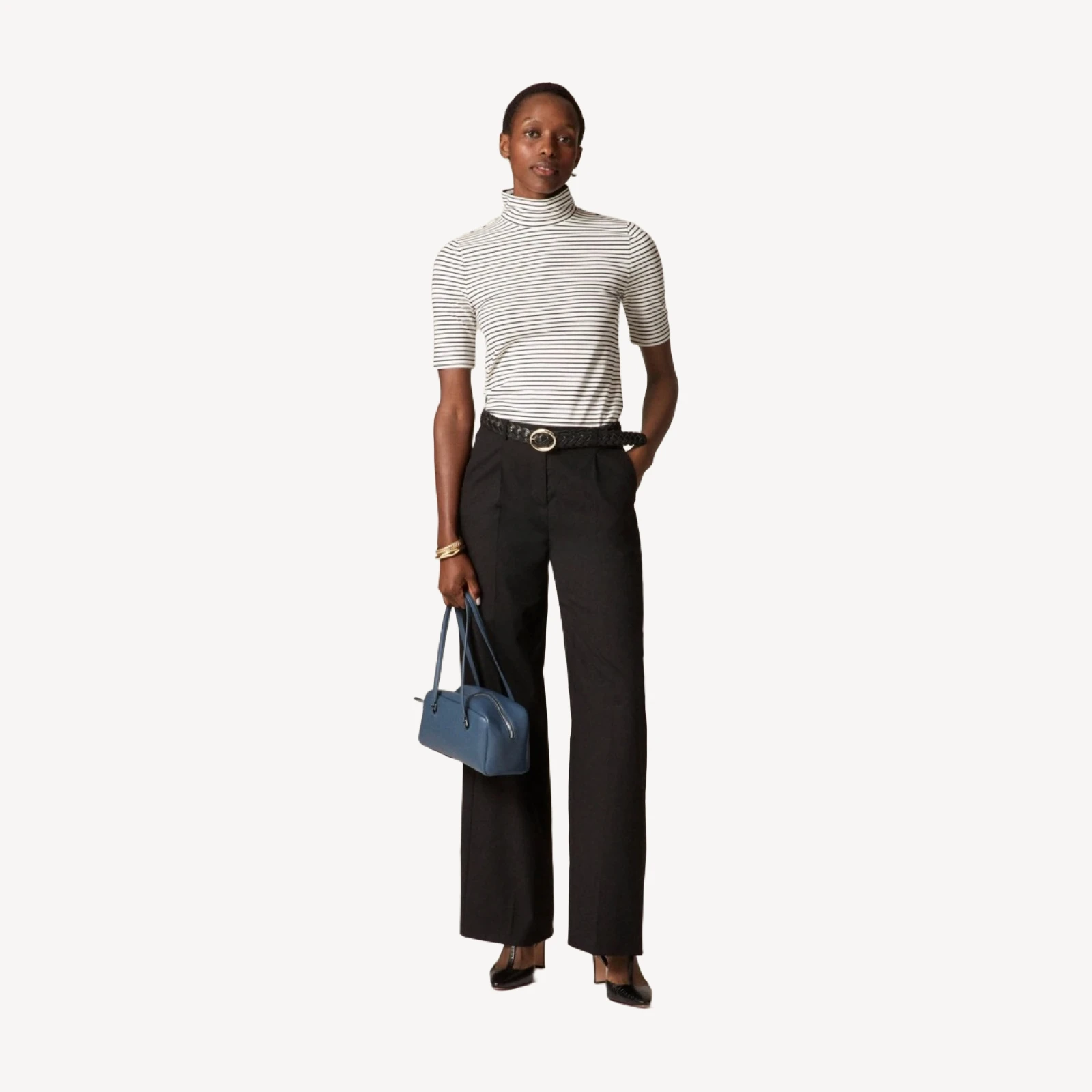 Stretch cotton-blend elbow-sleeve mockneck T-shirt in stripe