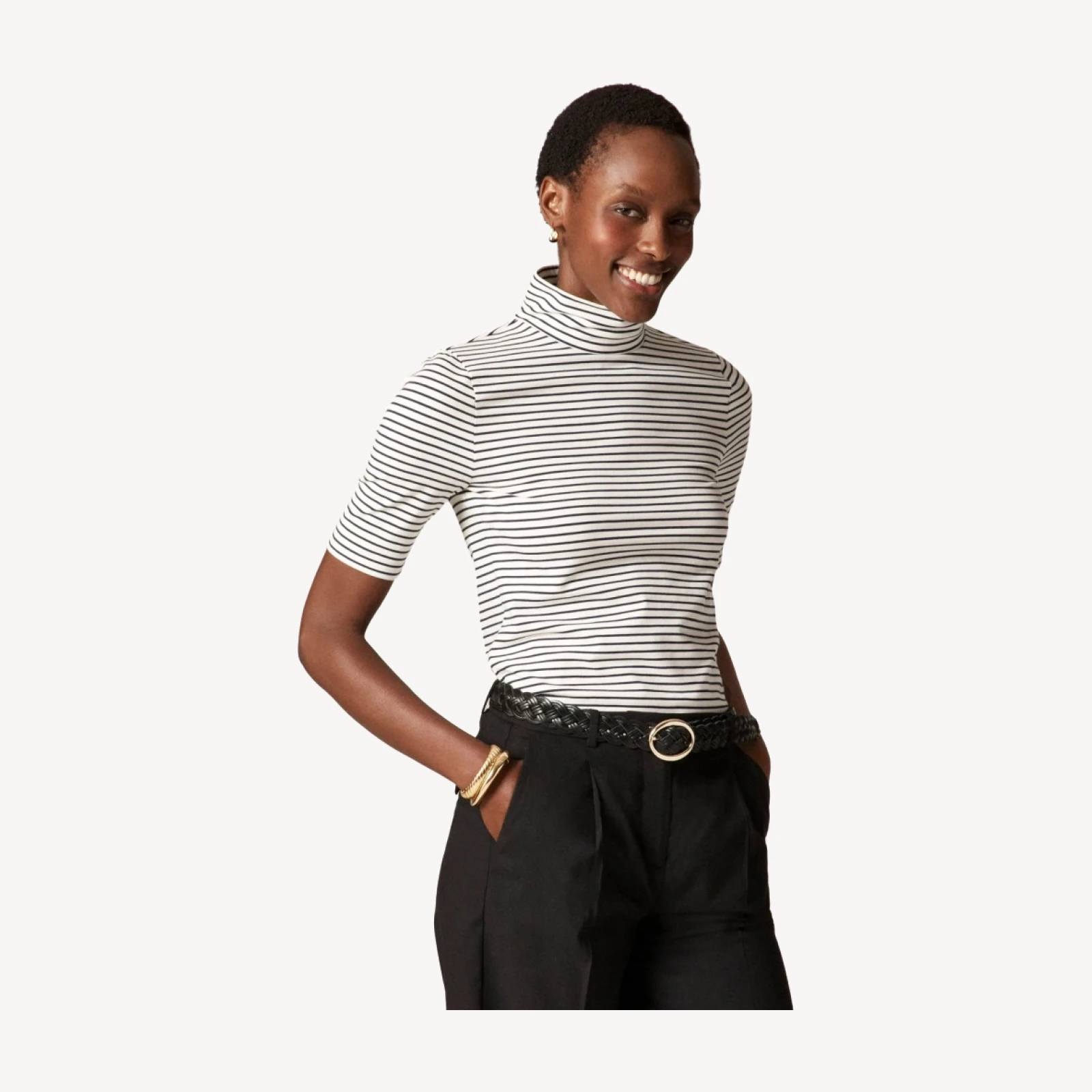 Stretch cotton-blend elbow-sleeve mockneck T-shirt in stripe