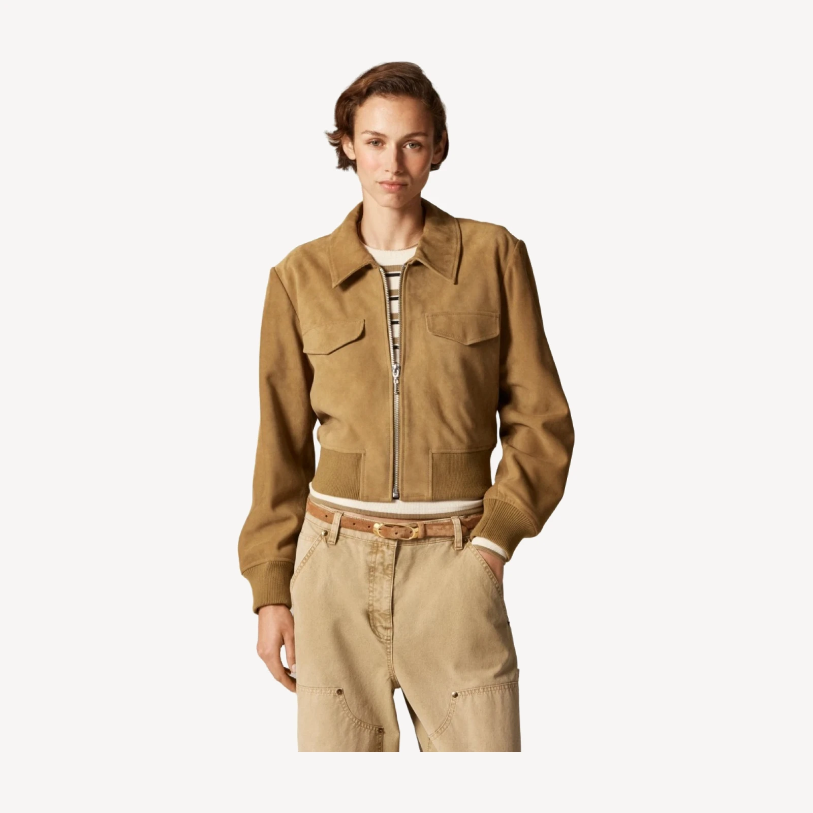 Collection cropped flight jacket in suede