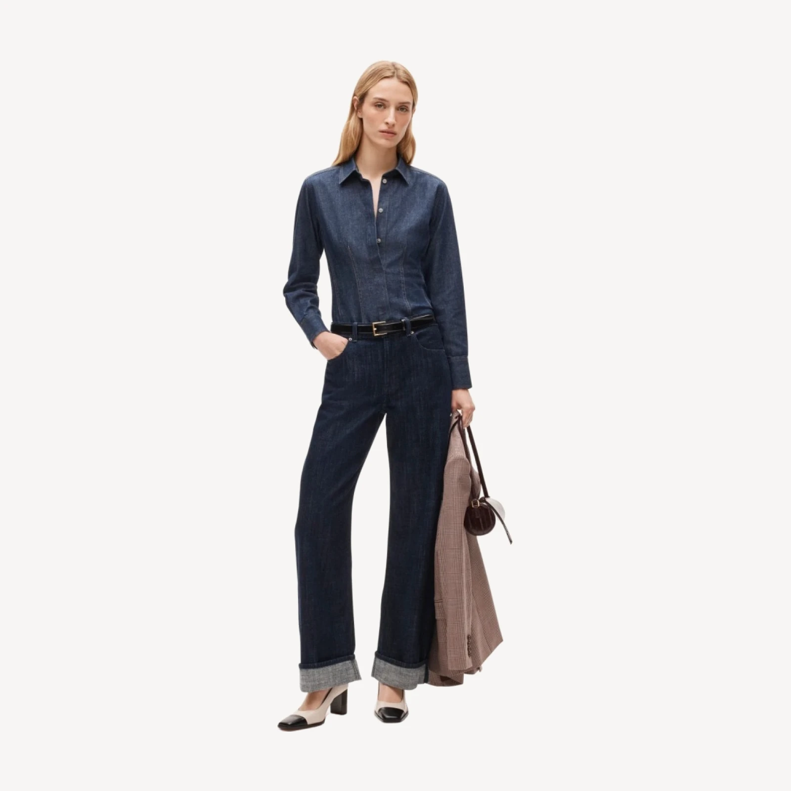 Darted button-up shirt in denim