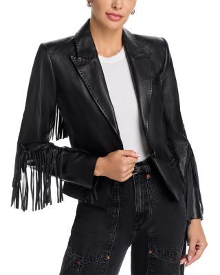 L'Agence Vashti Leather Fringe Trim Blazer