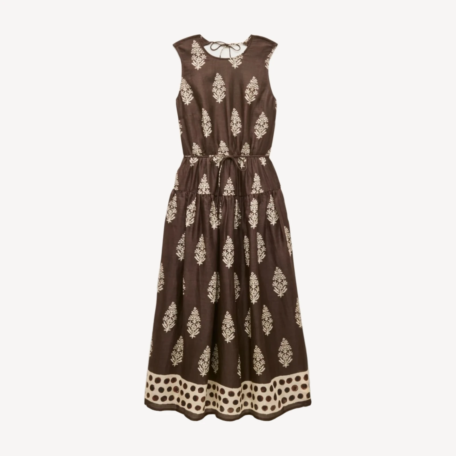 Open-back dress in cocoa block print