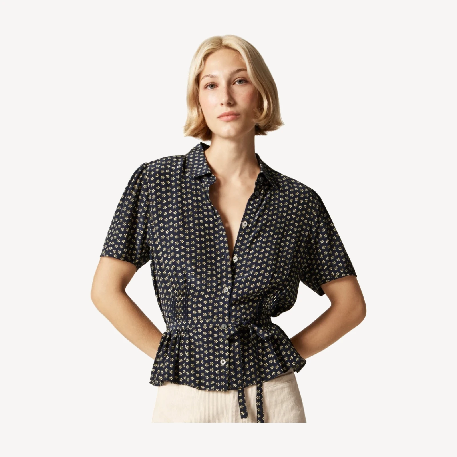 Button-up tie-waist shirt in floral print