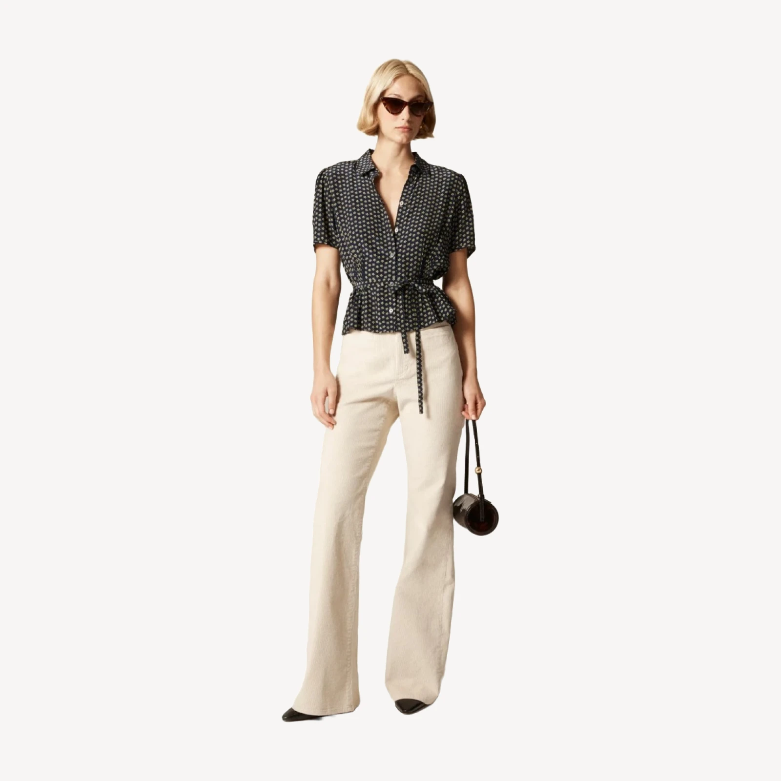 Button-up tie-waist shirt in floral print