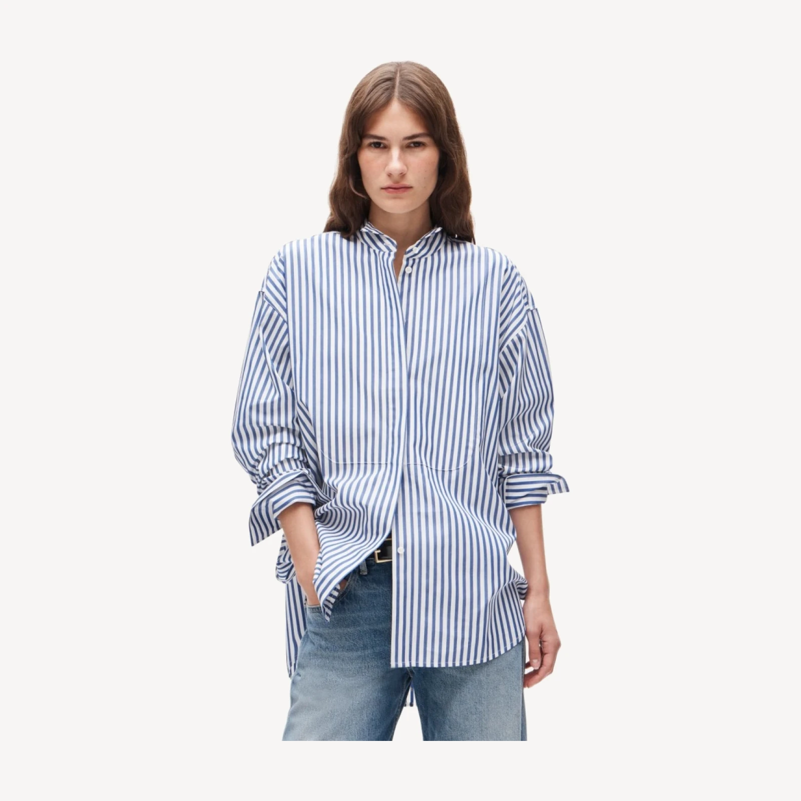 Tuxedo-bib button-up in striped Thomas Mason® cotton poplin