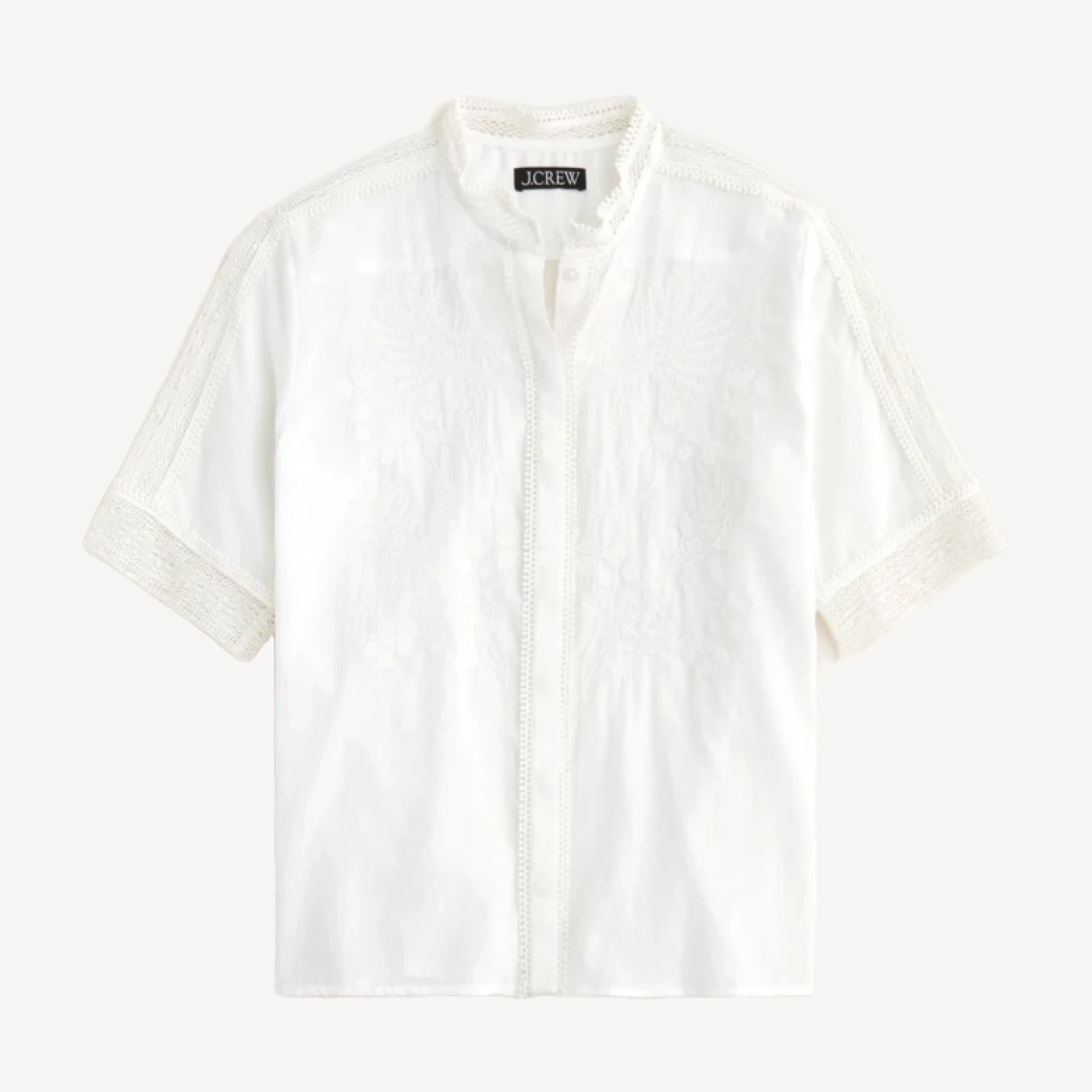 Embroidered lace-trim button-up shirt