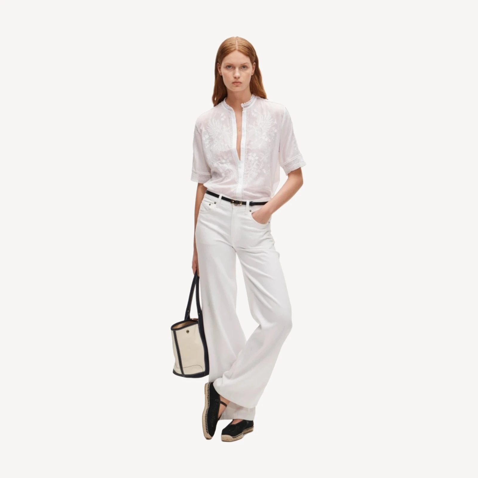 Embroidered lace-trim button-up shirt