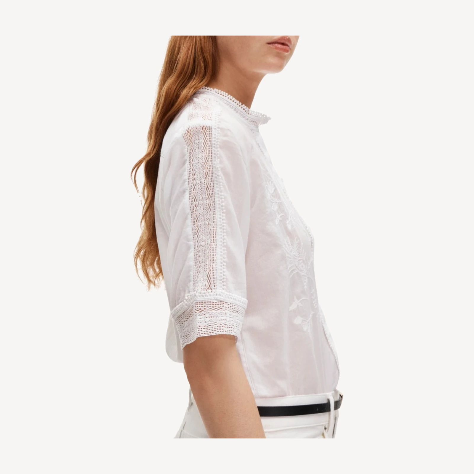 Embroidered lace-trim button-up shirt