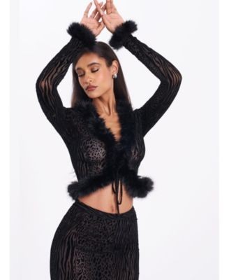 Miss Circle Hali Burnout Velvet Stretch Mesh Faux Fur Trim Top
