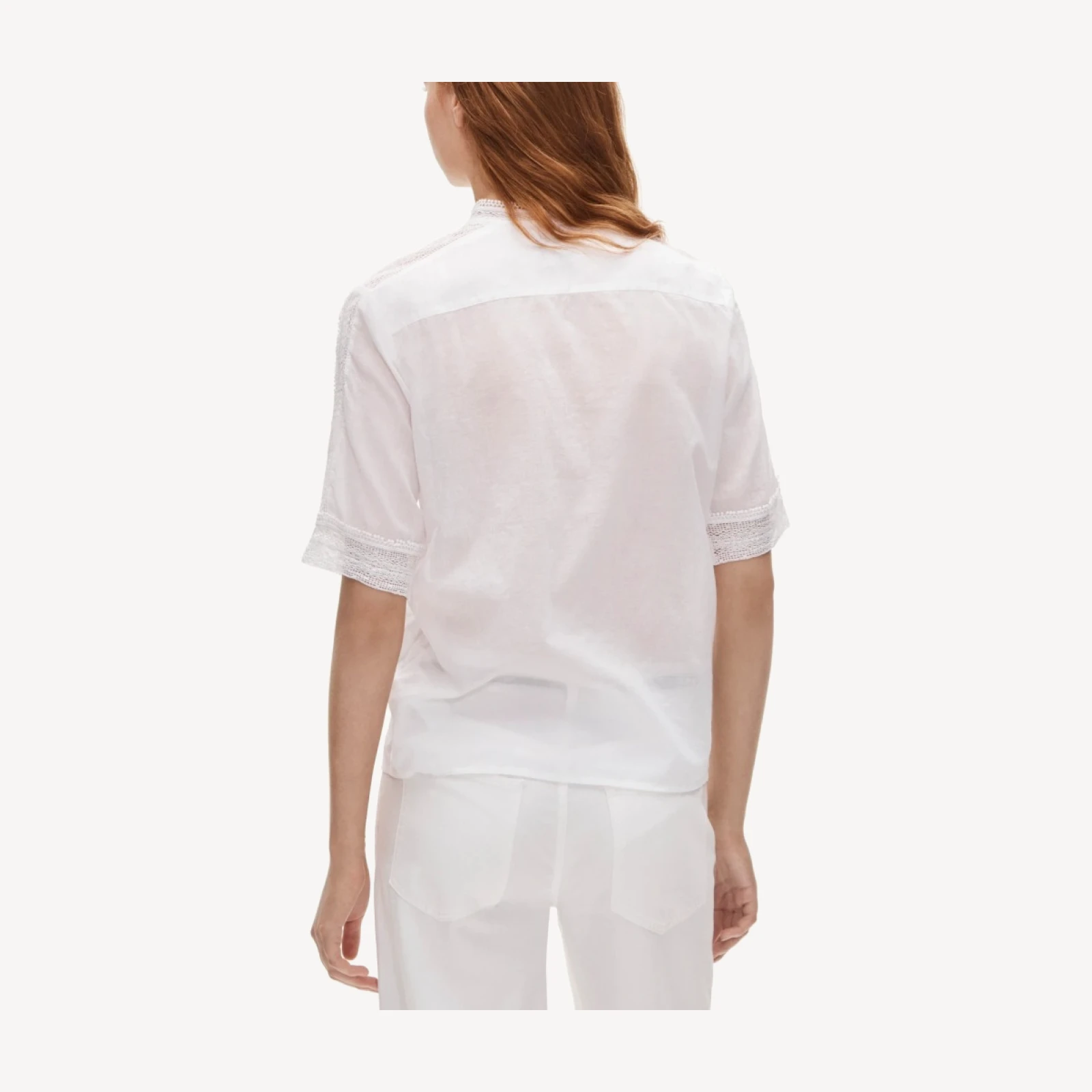 Embroidered lace-trim button-up shirt