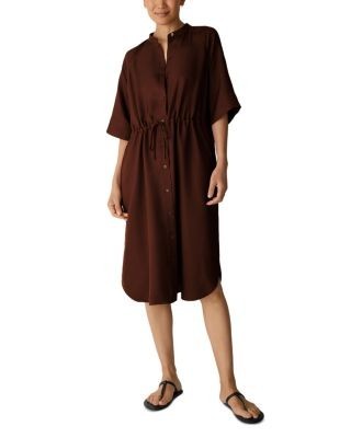 Eileen Fisher Silk Mandarin Collar Drawstring Waist Dress
