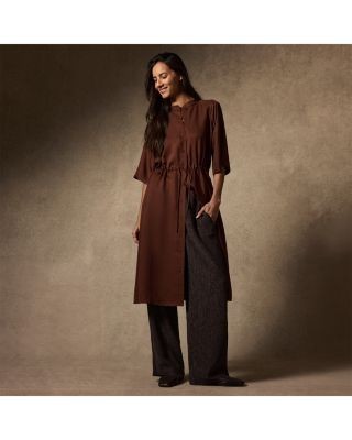 Eileen Fisher Silk Mandarin Collar Drawstring Waist Dress