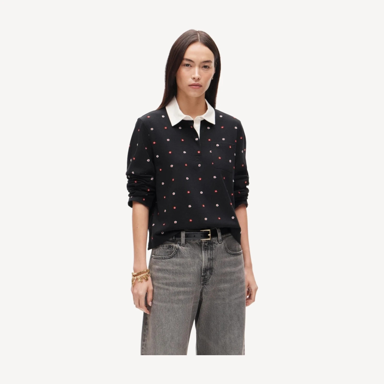 Boyfriend jersey rugby shirt with floral embroidery