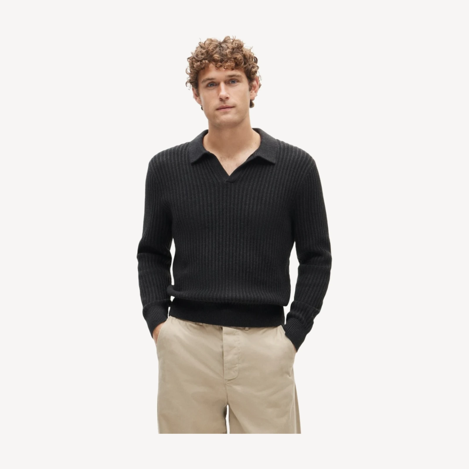 Fisherman-rib johnny-collar sweater in cotton