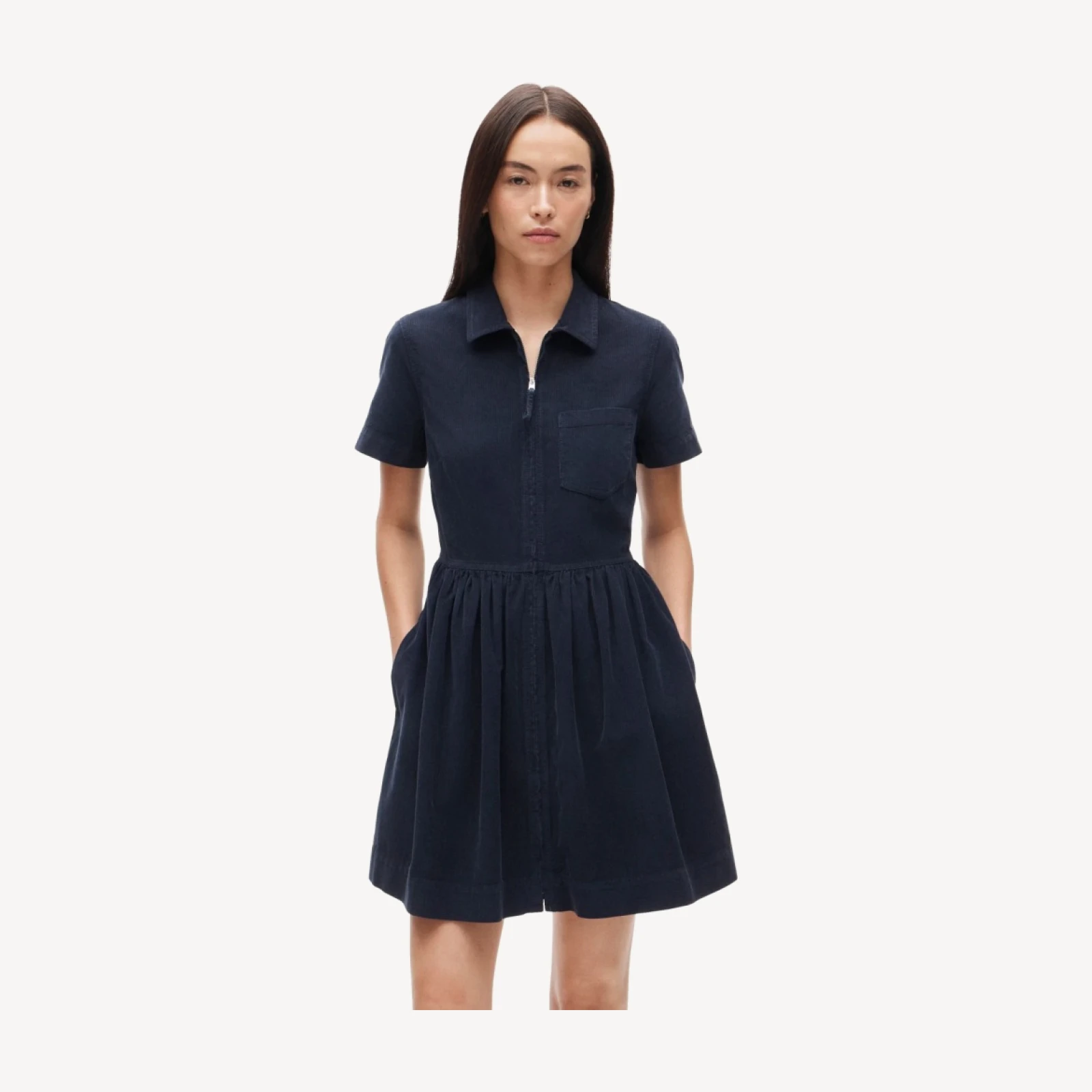 Mini zip-up shirt-dress in lightweight corduroy