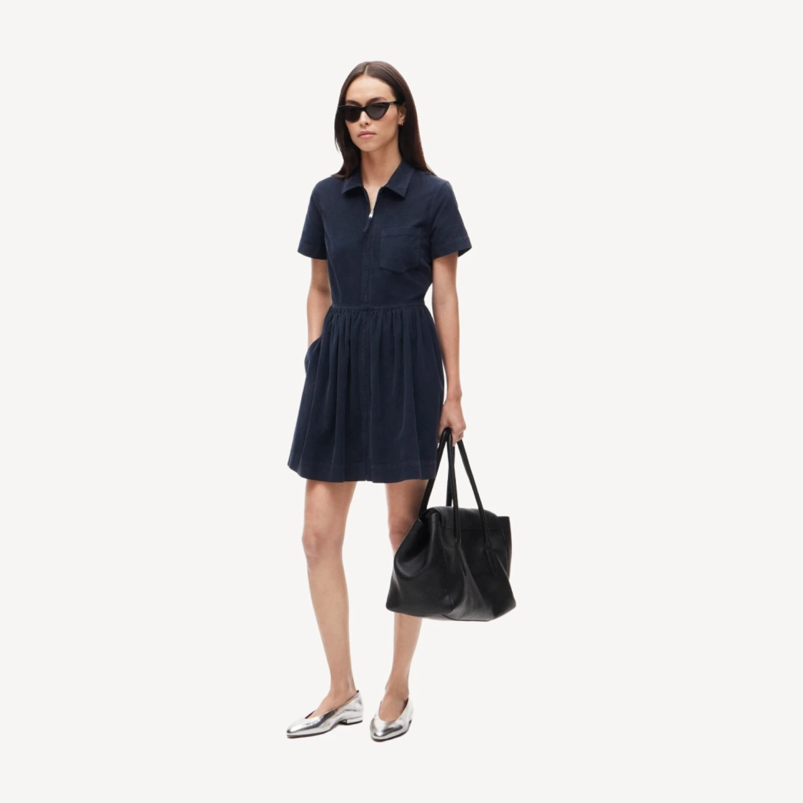 Mini zip-up shirt-dress in lightweight corduroy