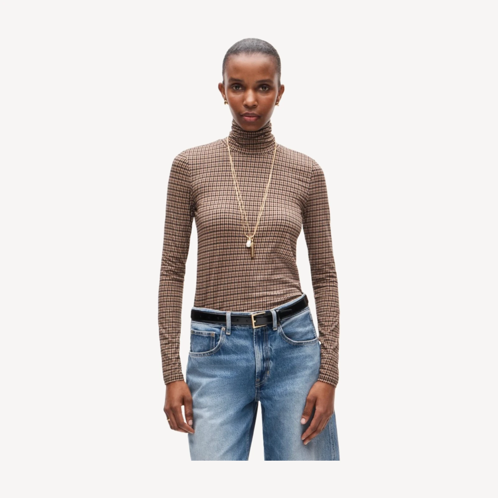 Feather jersey turtleneck in plaid