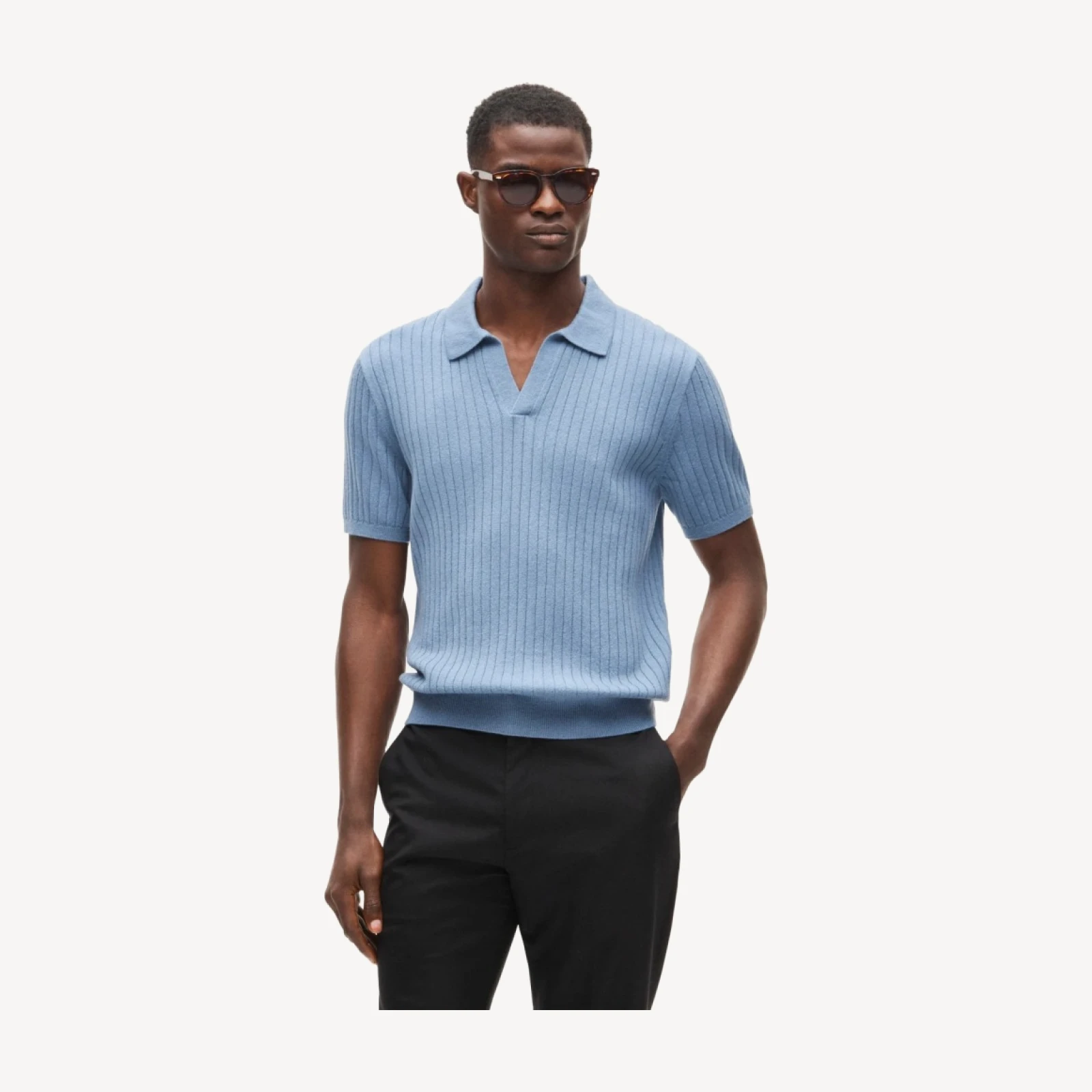Short-sleeve cashmere ribbed johnny-collar sweater-polo