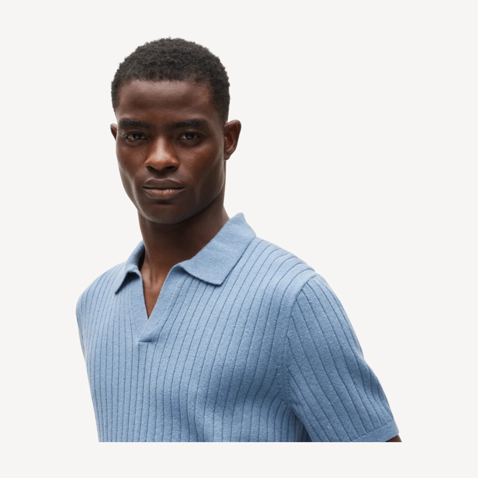 Short-sleeve cashmere ribbed johnny-collar sweater-polo