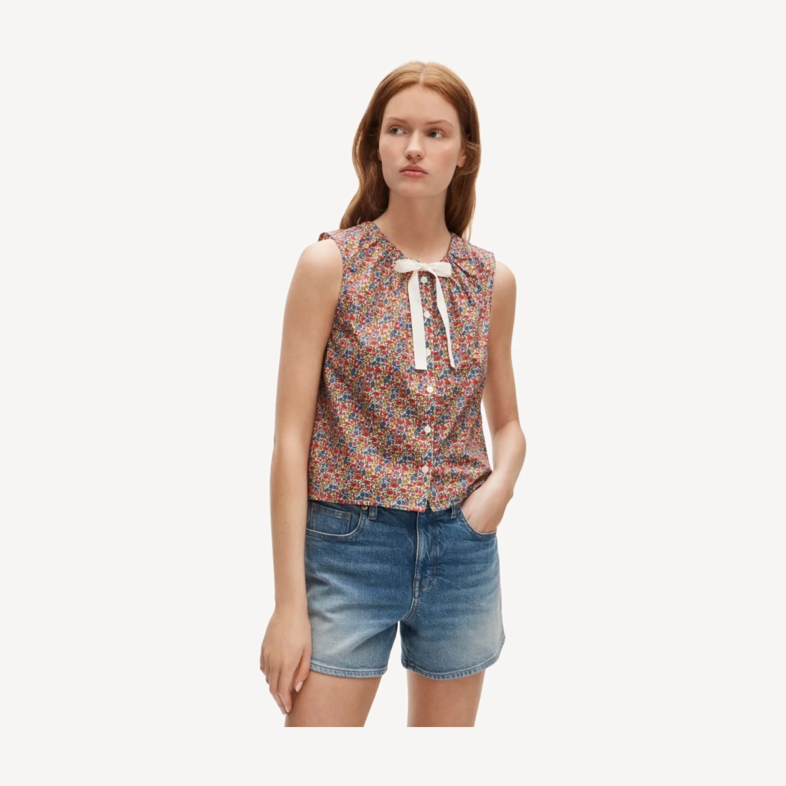 Tie-neck button-up tank top in Liberty® floral fabric