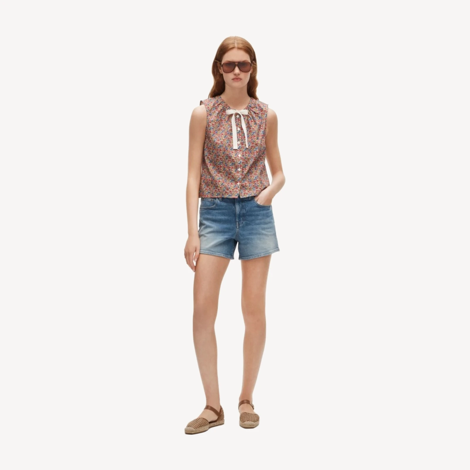 Tie-neck button-up tank top in Liberty® floral fabric
